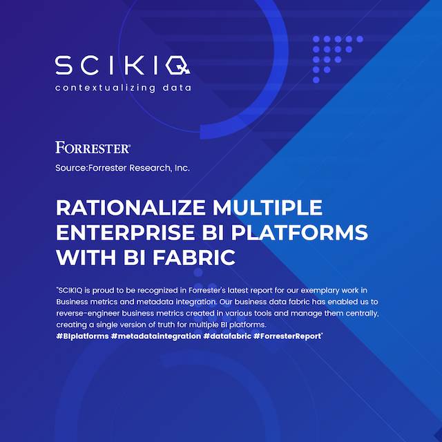 Rationalize Multiple Enterprise BI Platforms: SCIKIQ's Approach SCIKIQ's approach to rationalizing multiple enterprise BI platforms with BI fabric is an exemplary approach that can lead to a single version of the truth and a single trusted source of data. By implementing a common semantic layer, virtualization or cubing engine, data catalog, and business metrics and metadata integration, enterprises can overcome the challenge of siloed data management and achieve greater consistency and efficiency in their BI efforts.